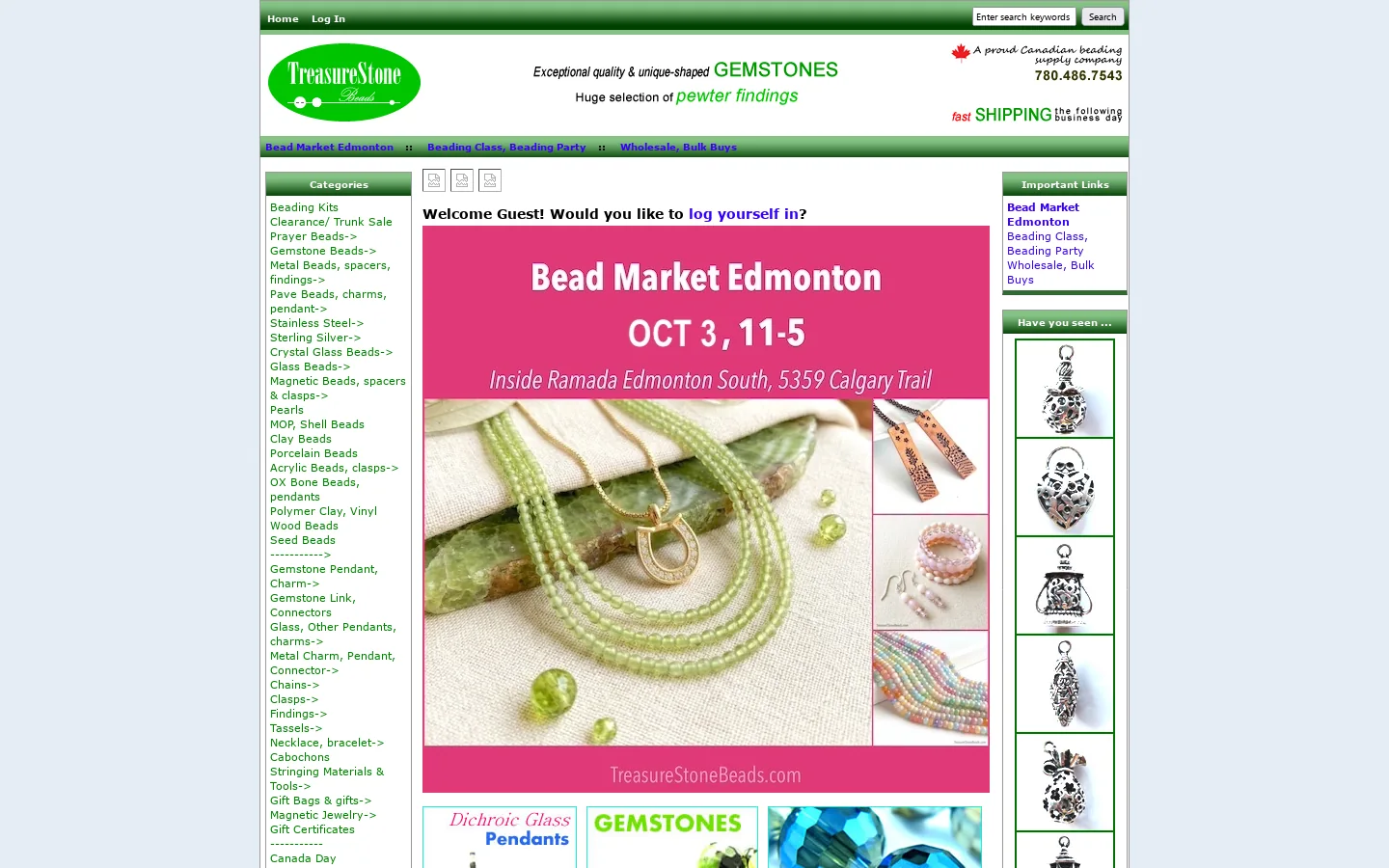 TreasureStone Beads, gemstones, charms, glass beads in Edmonton, Alberta, Canada Homepage screenshot