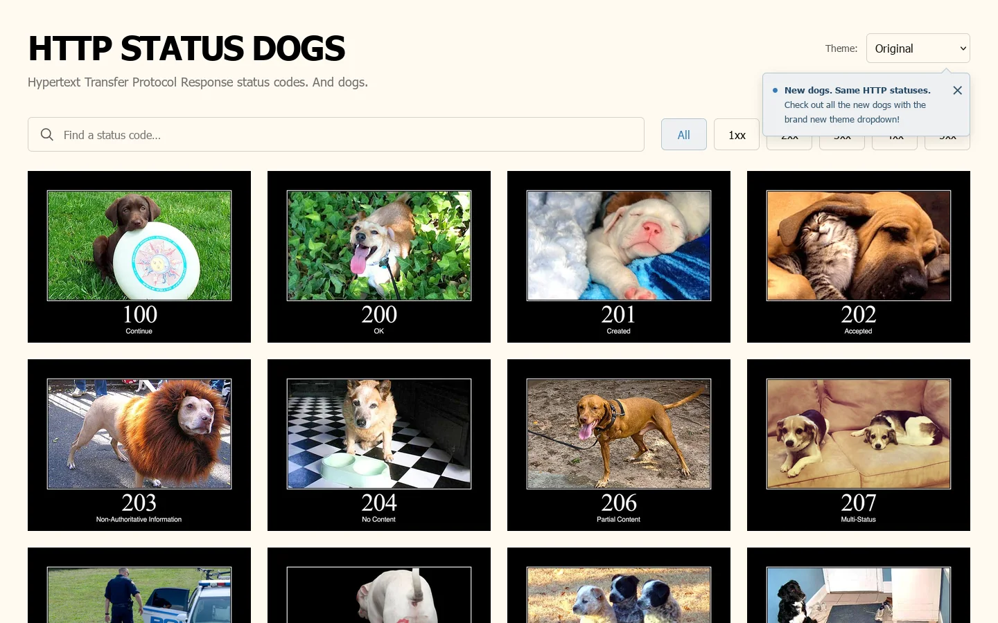 HTTP Status Dogs Homepage screenshot