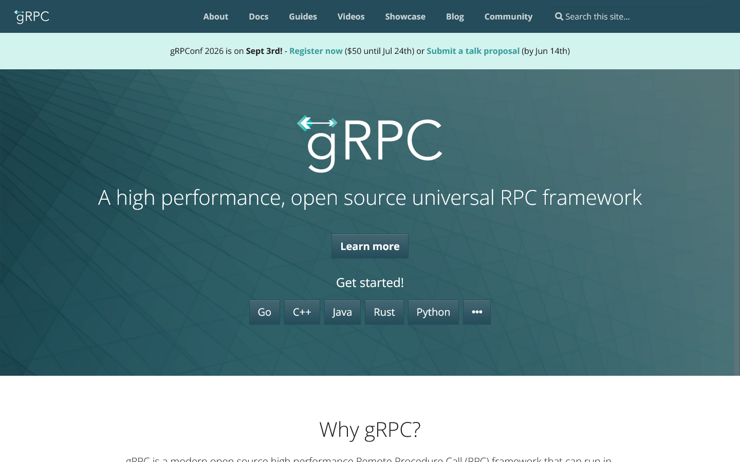 gRPC Homepage screenshot