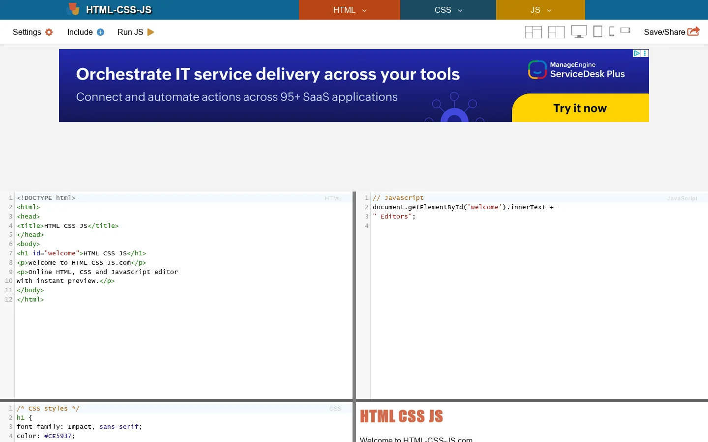 HTML CSS JavaScript - Free Online Editors and Tools Homepage screenshot
