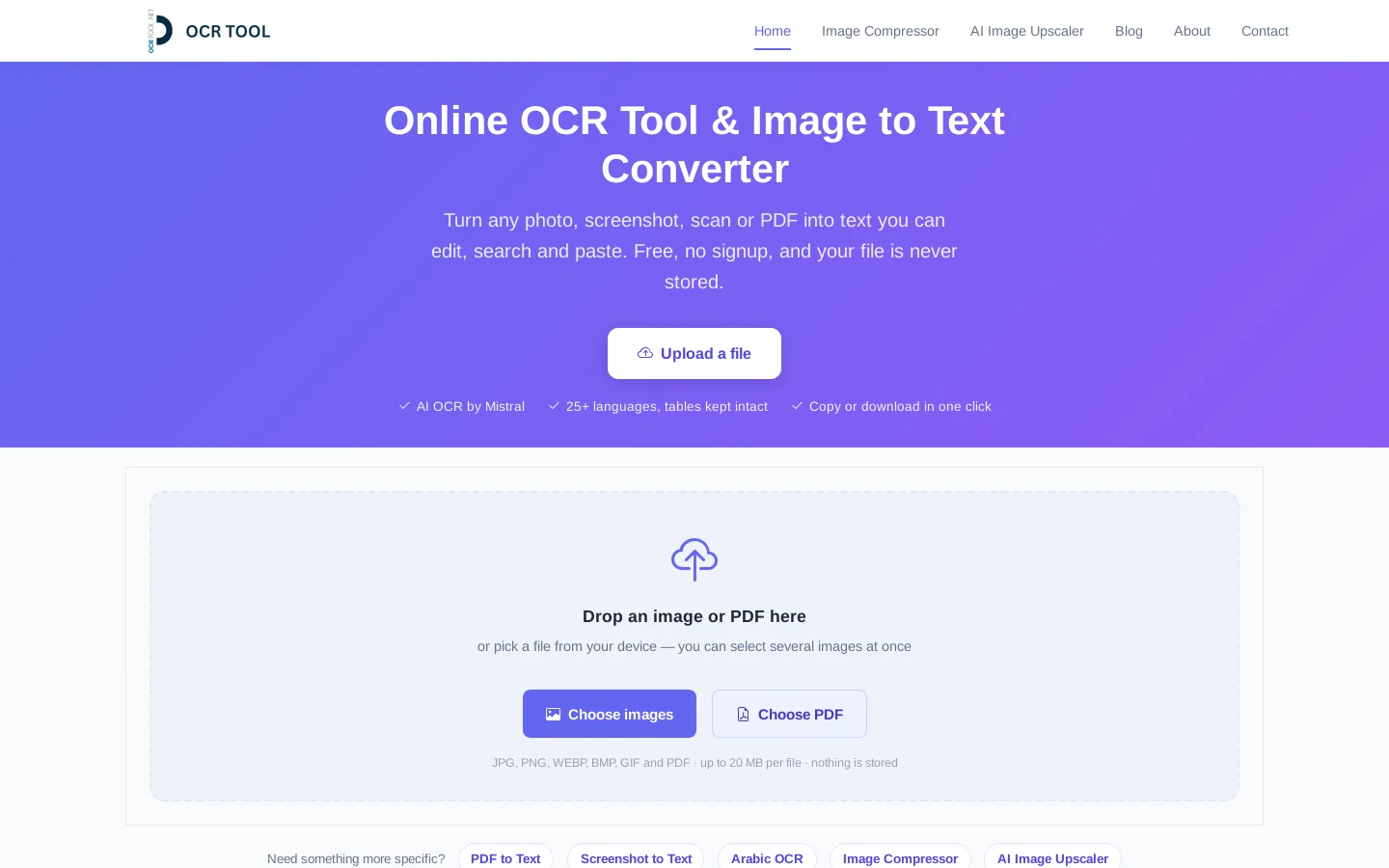 Free OCR Tool — Extract Text from Any Image (No Signup) Homepage screenshot