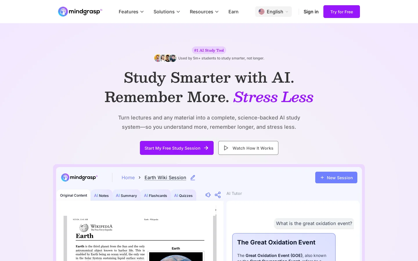 Mindgrasp Homepage screenshot