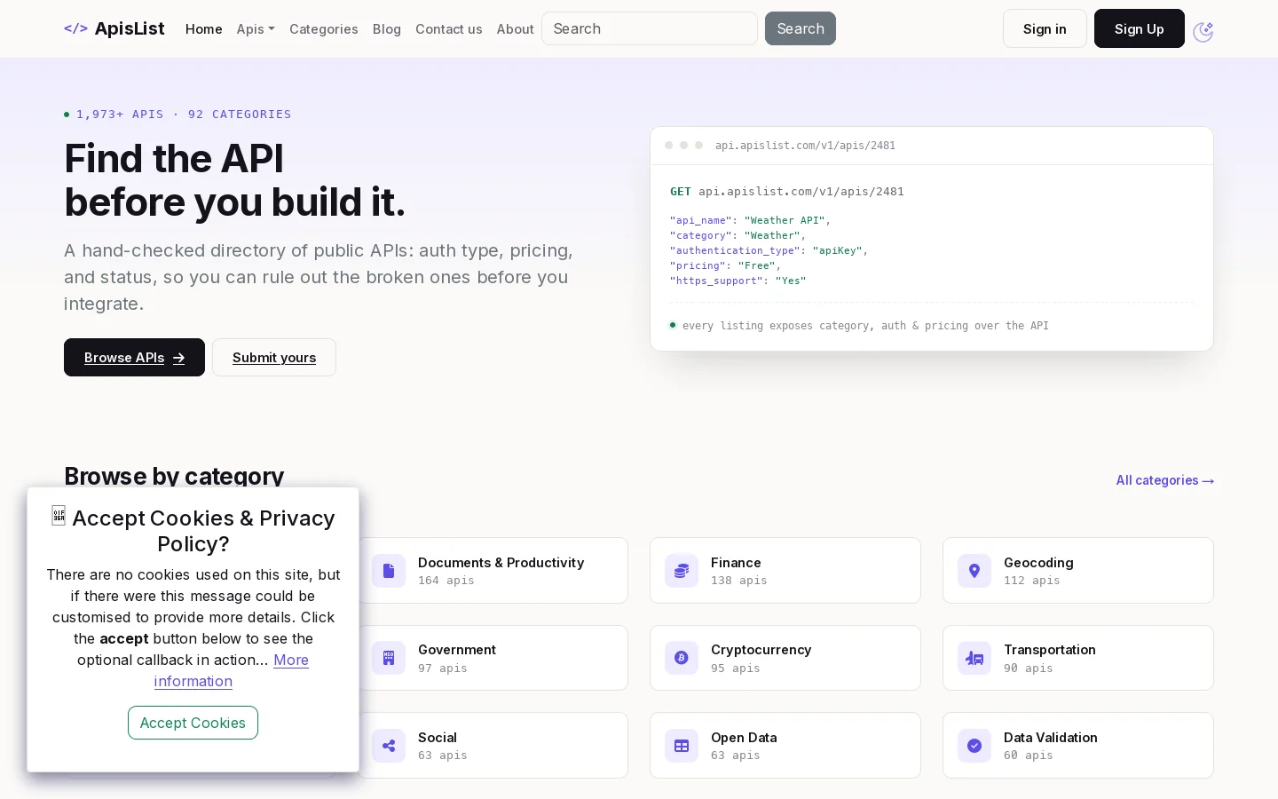 The Public APIs List, a curated list for the public web Apis Homepage screenshot
