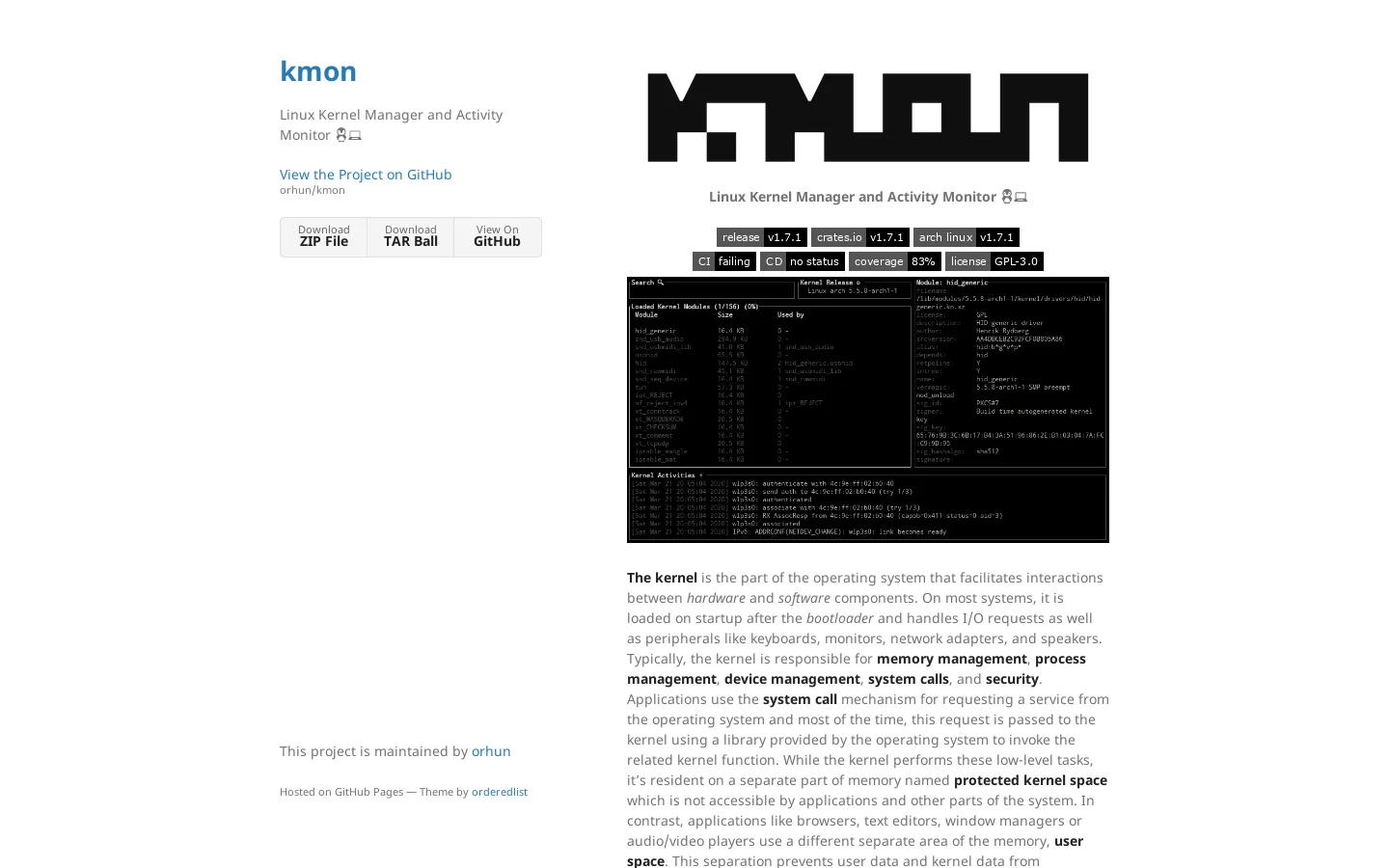 kmon Homepage screenshot