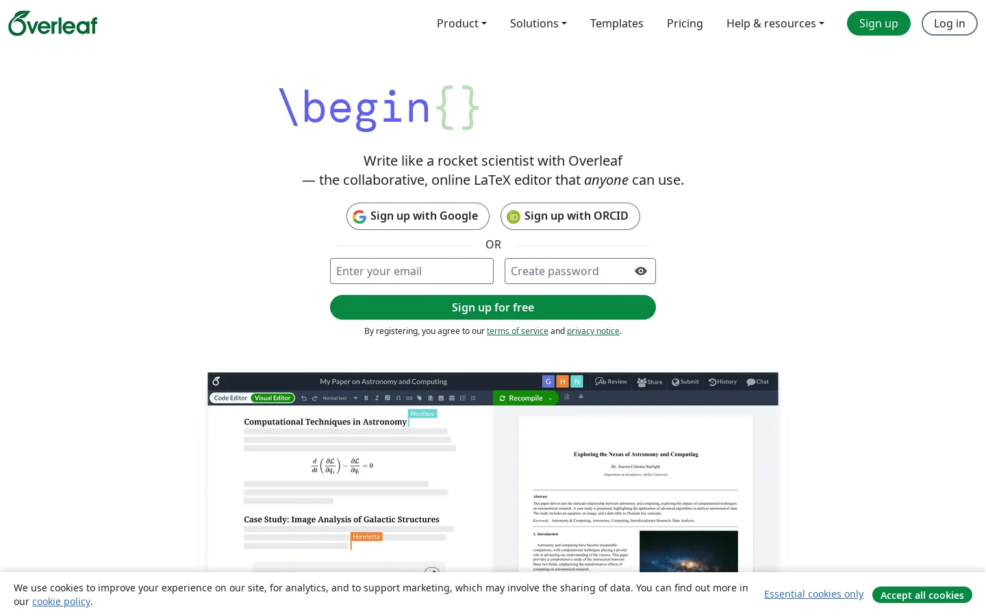 Overleaf, Online LaTeX Editor Homepage screenshot