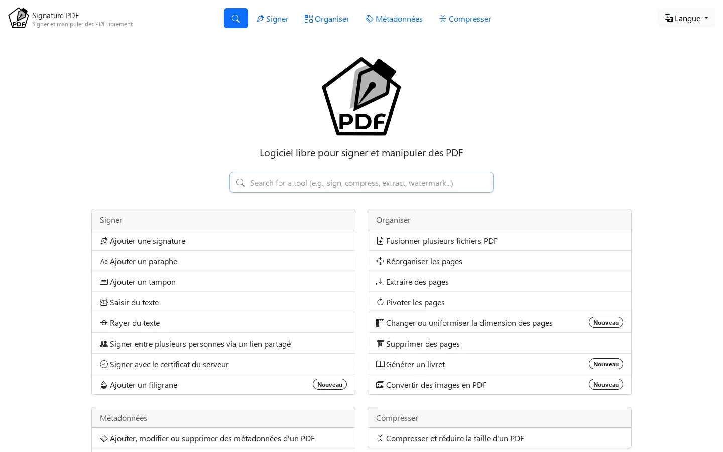 Signature PDF - Signer et manipuler des PDF en ligne librement Homepage screenshot