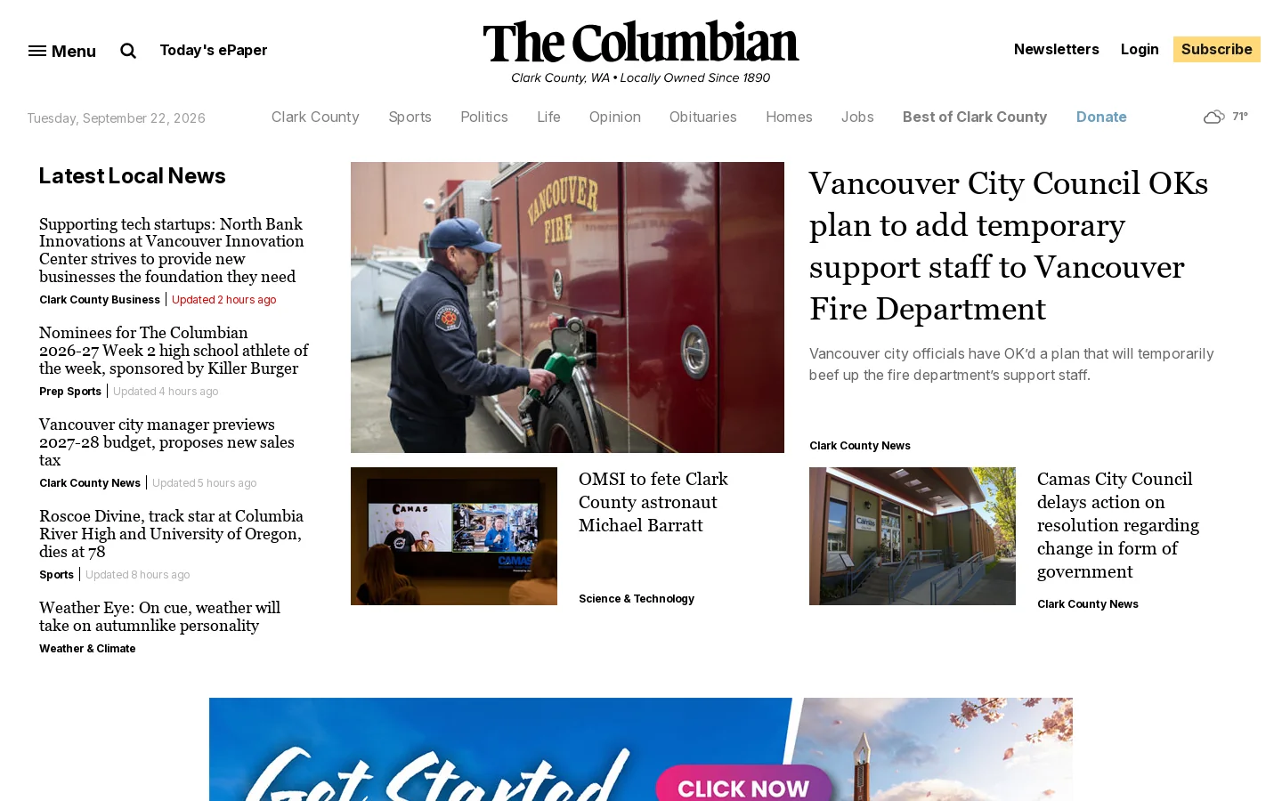 The Columbian - Latest News from Vancouver, Washington & Clark County WA - The Columbian Homepage screenshot