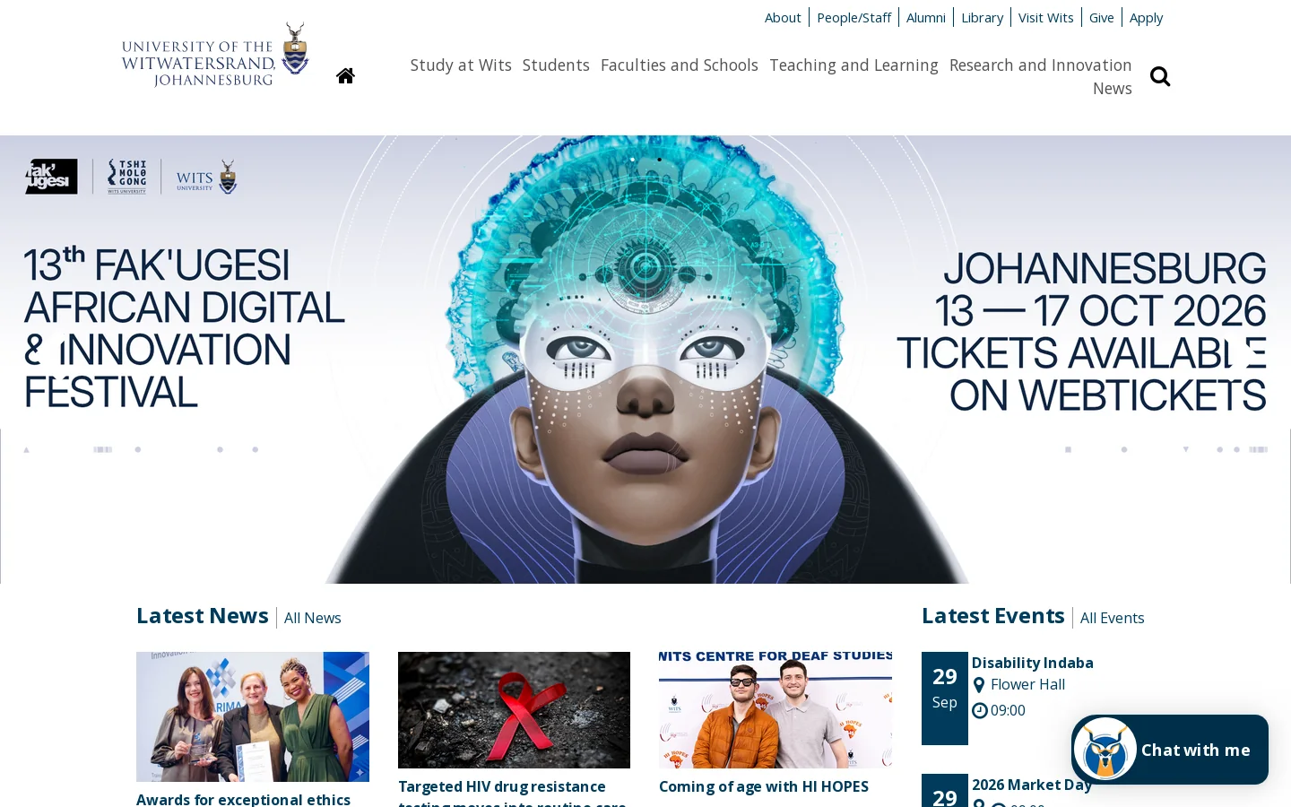 Wits University Homepage screenshot