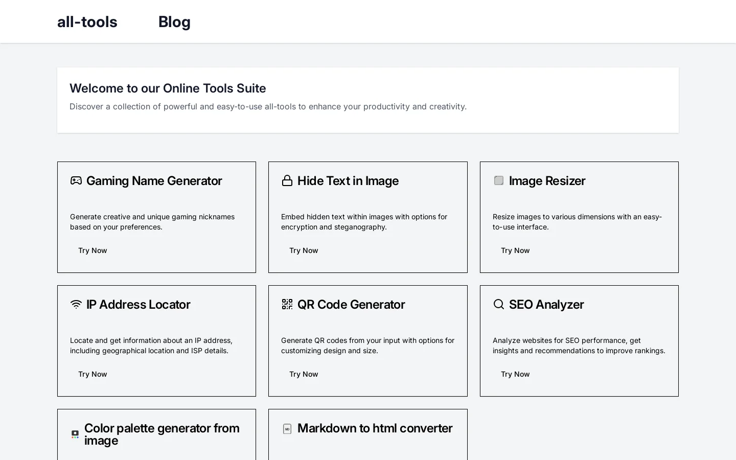 All-in-One Tool Hub: Gaming Nicknames, QR Codes, Image Resizer, IP Locator & More Homepage screenshot