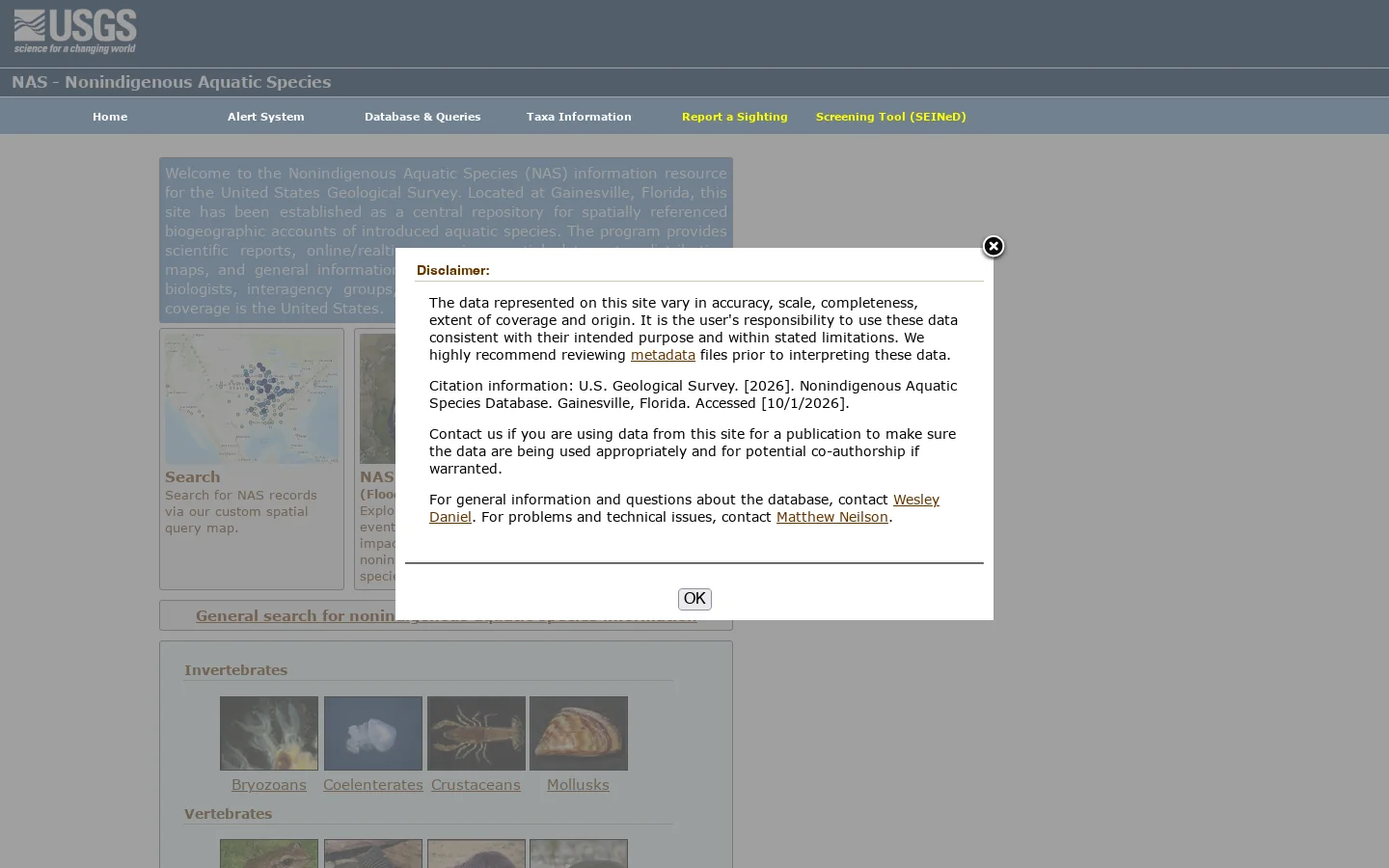 Nonindigenous Aquatic Species Homepage screenshot