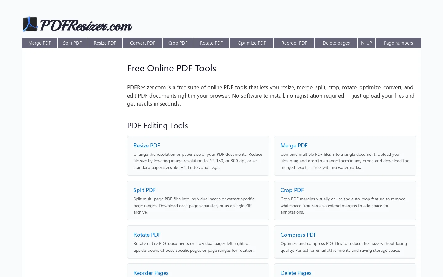 Free Online PDF Tools - Resize, Merge, Split & Convert Homepage screenshot
