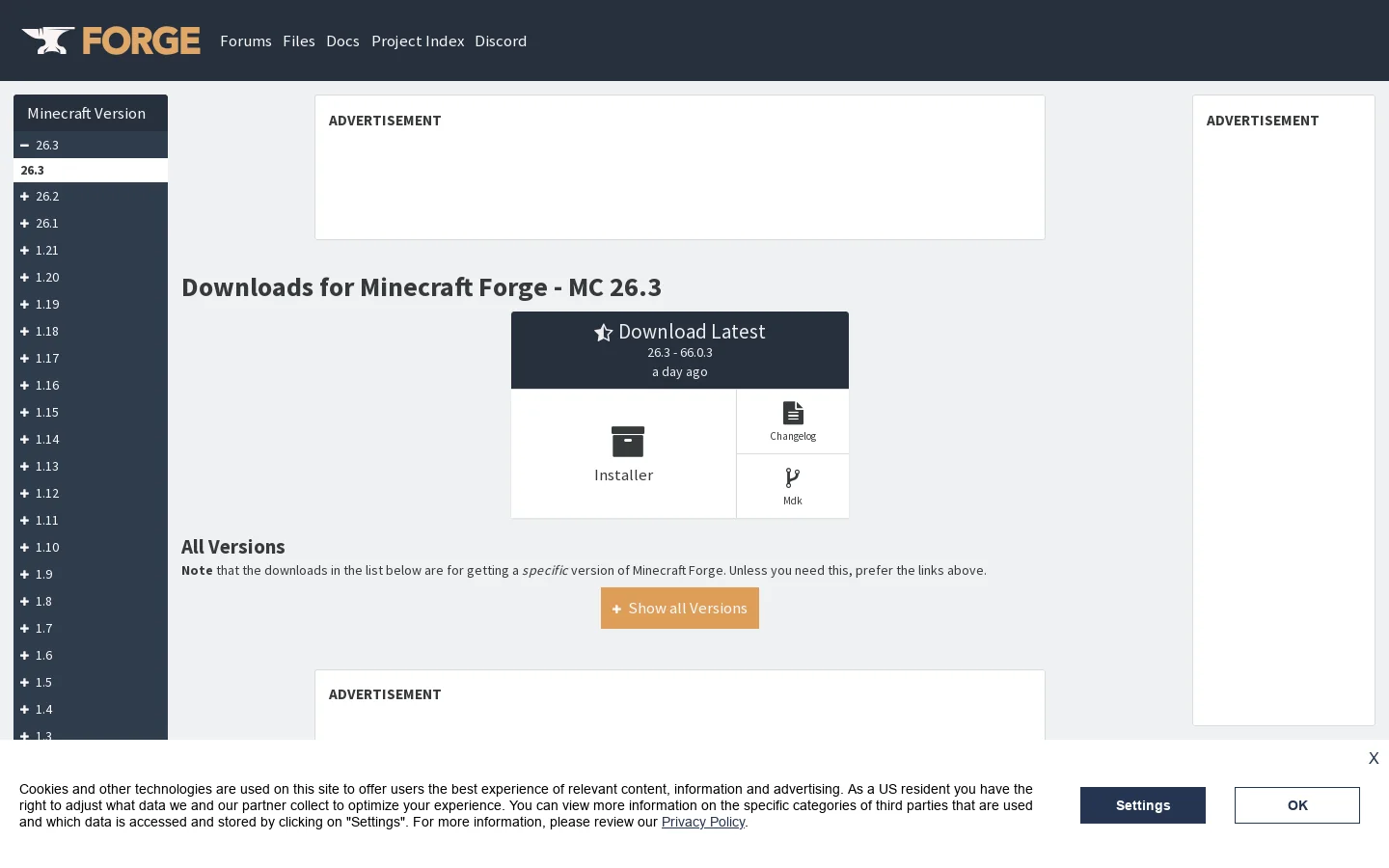 Downloads for Minecraft Forge for Minecraft 26.3 Homepage screenshot