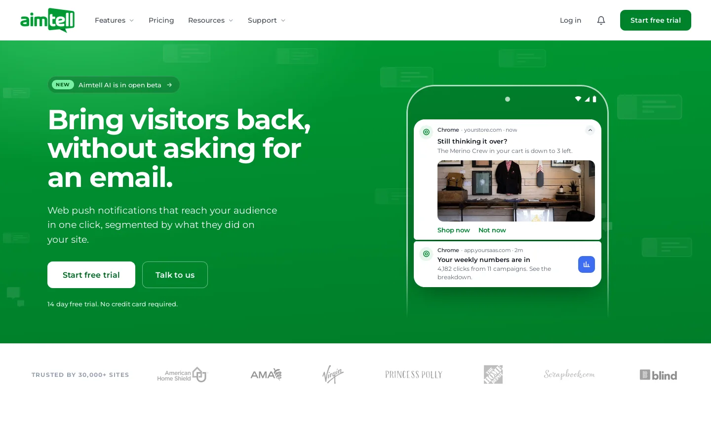 Aimtell Homepage screenshot