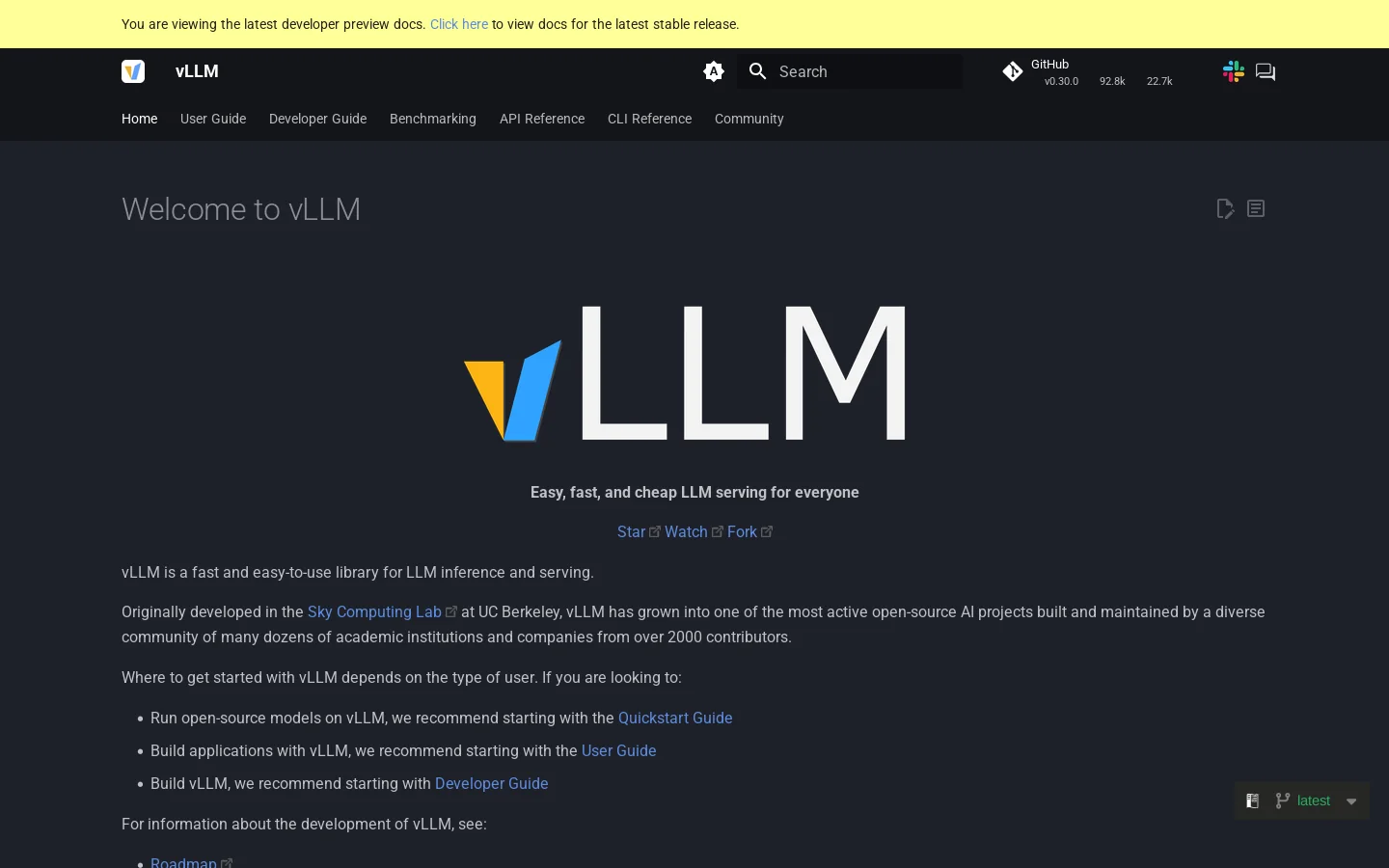 vLLM Homepage screenshot