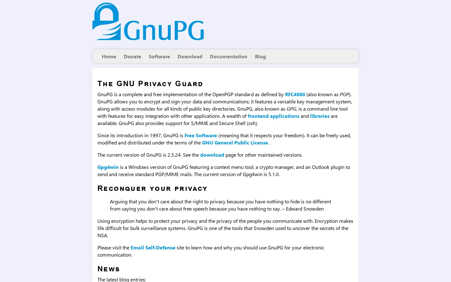 The GNU Privacy Guard Homepage screenshot