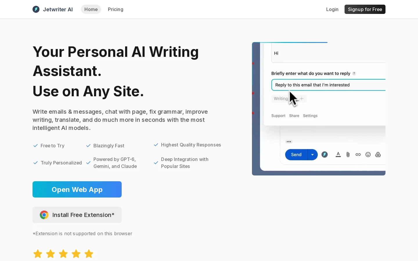 Jetwriter AI Homepage screenshot