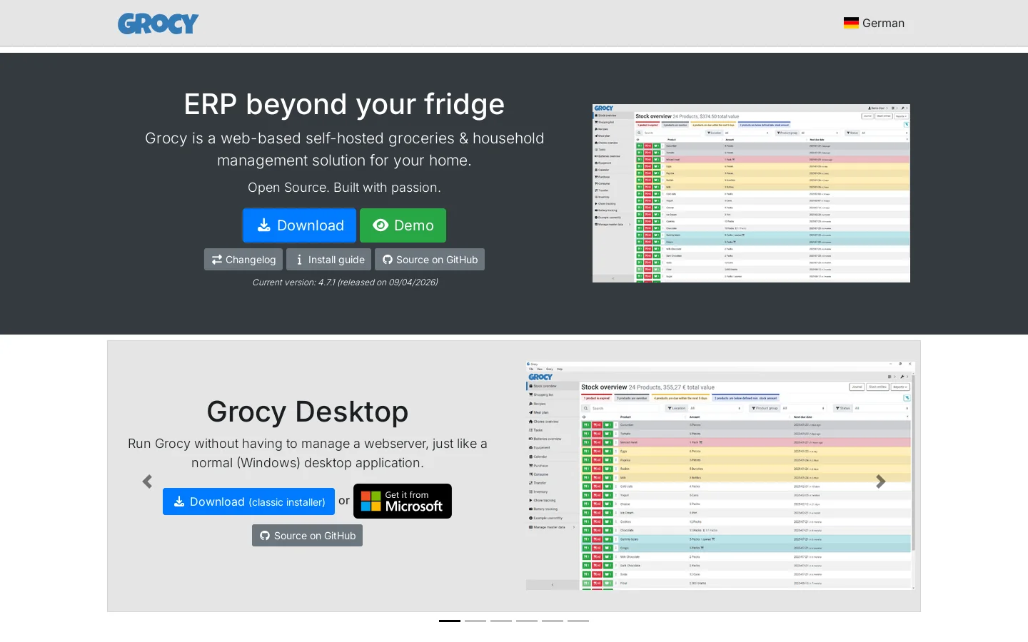 Grocy Homepage screenshot