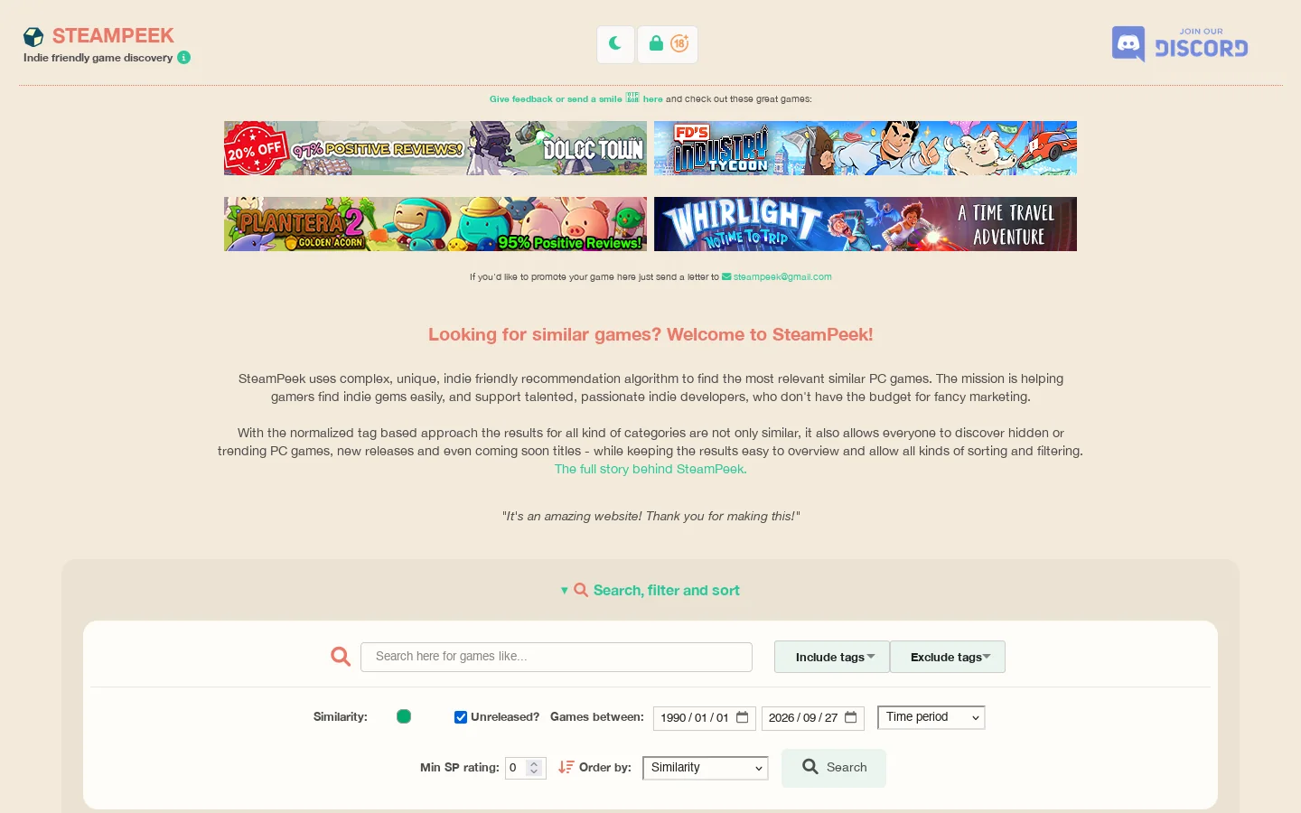 SteamPeek Homepage screenshot