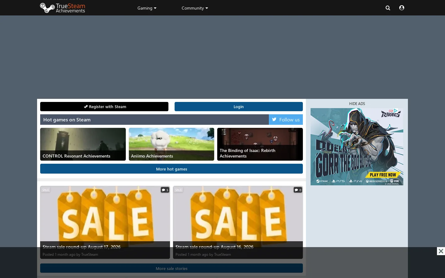 TrueSteamAchievements Homepage screenshot