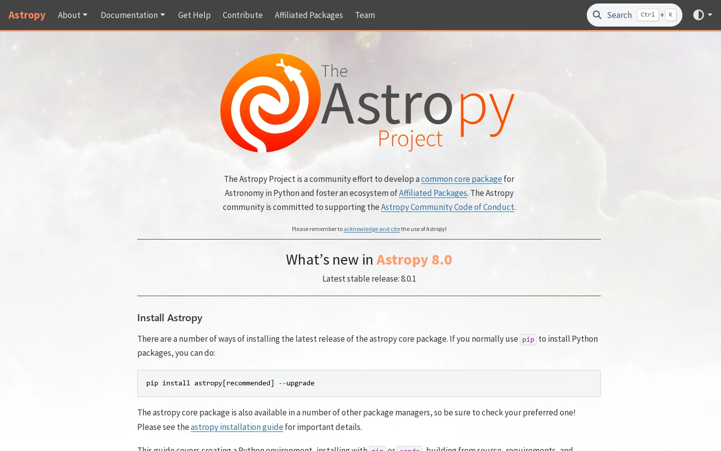 Astropy Homepage screenshot