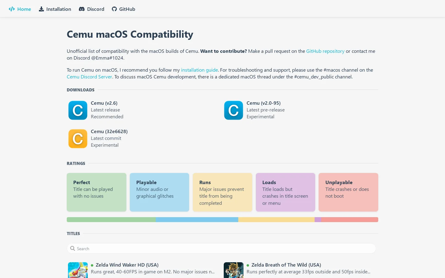 Cemu macOS Compatibility Chart Homepage screenshot