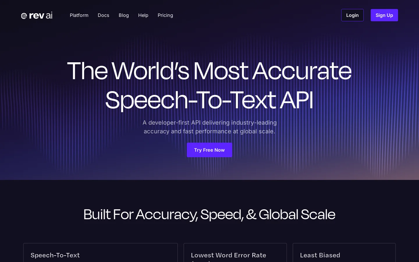 Rev AI Homepage screenshot