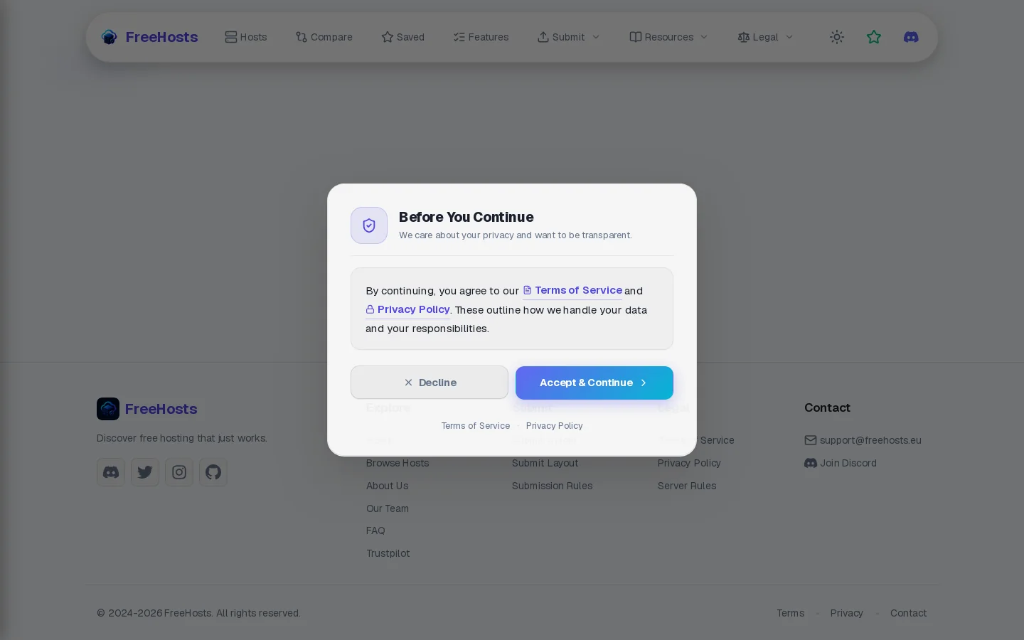 FreeHosts Homepage screenshot