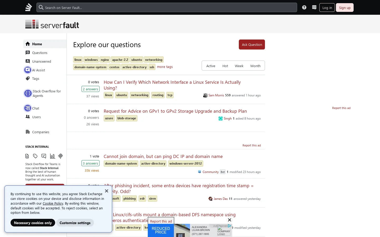 Server Fault Homepage screenshot