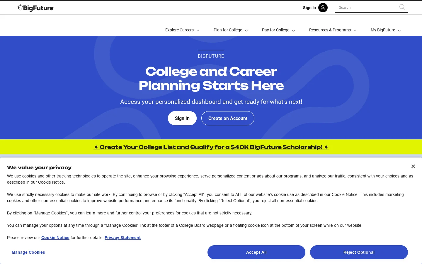 BigFuture Homepage screenshot