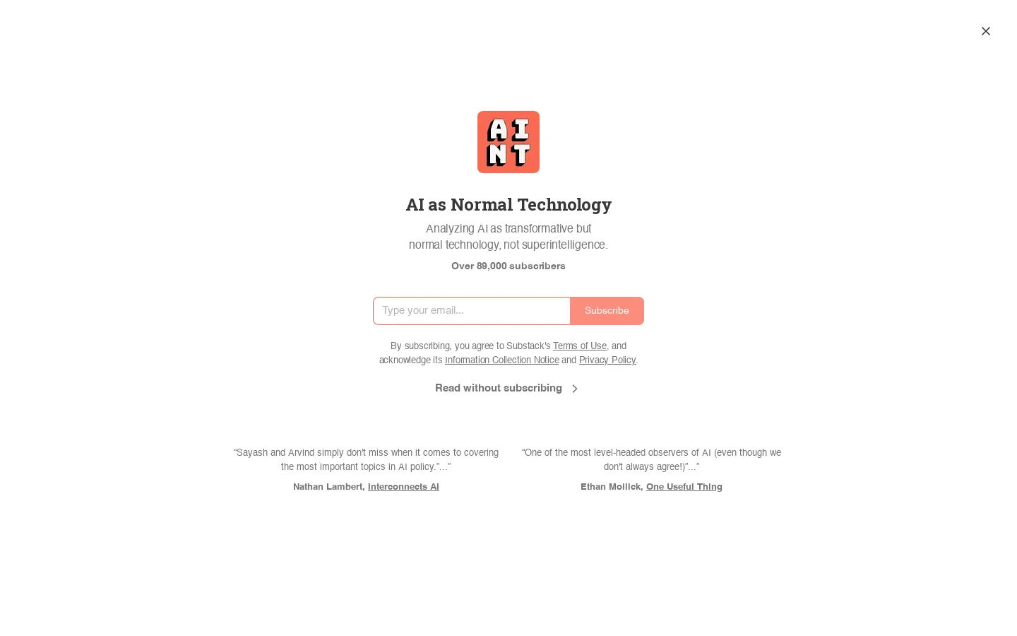AI as Normal Technology | Sayash Kapoor | Substack Homepage screenshot