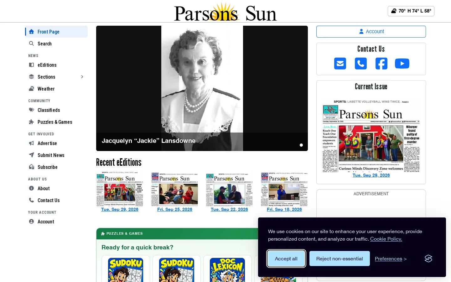 Parsons Sun Homepage screenshot