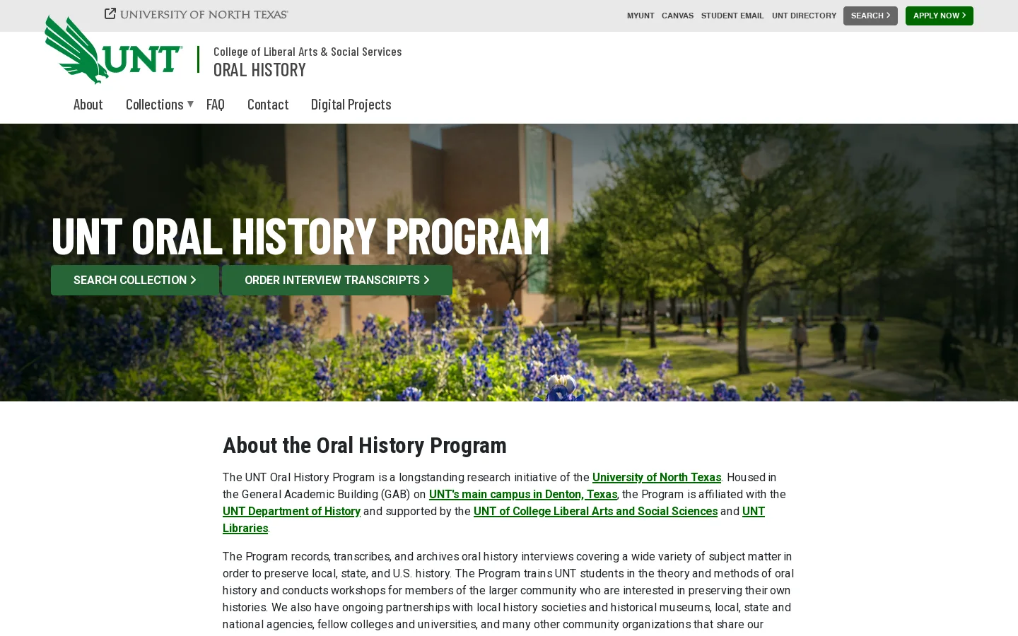 Oral History Homepage screenshot