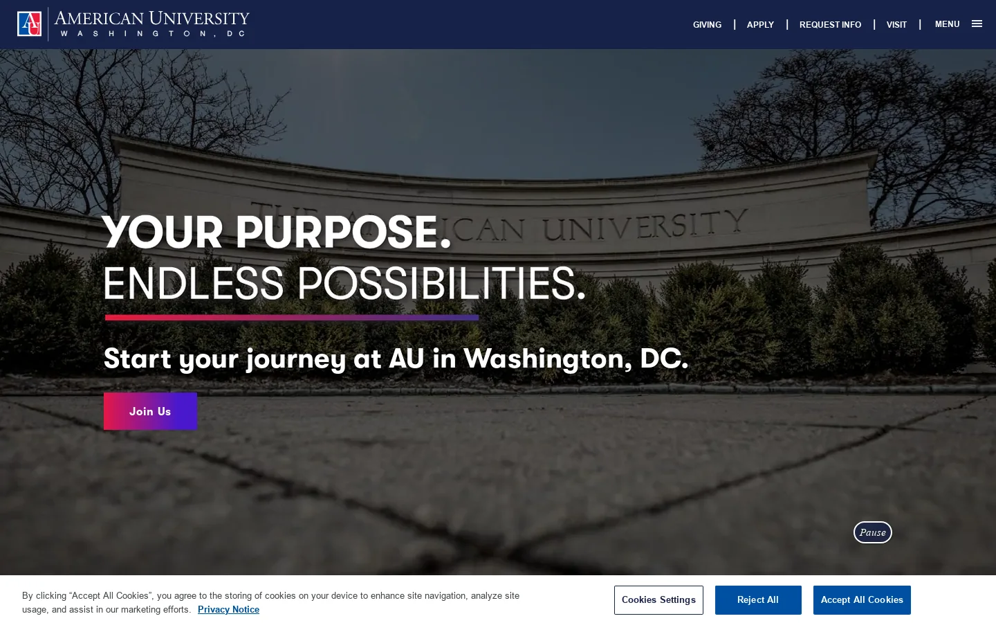 American University, Washington, D.C Homepage screenshot