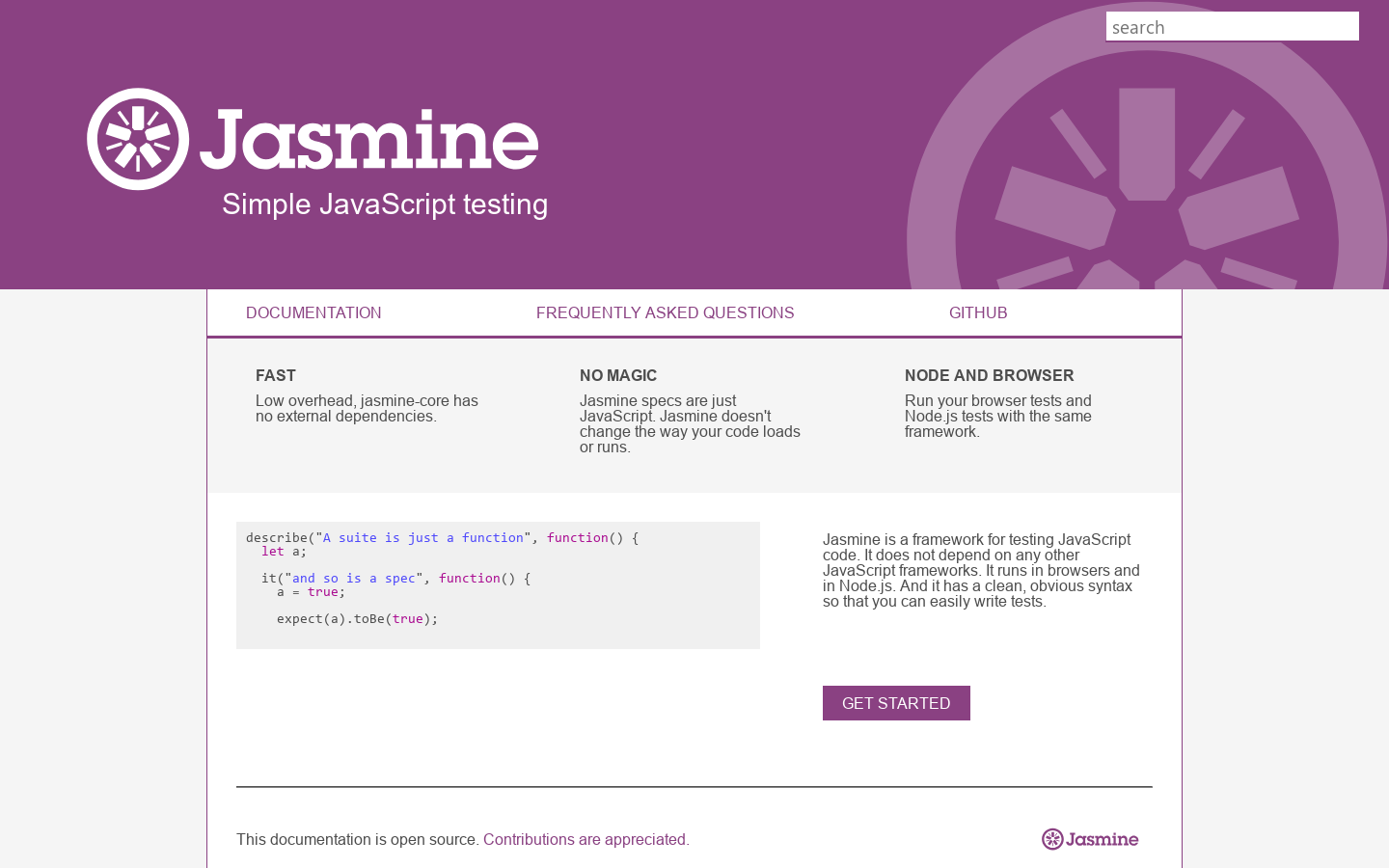 Jasmine Documentation Homepage screenshot