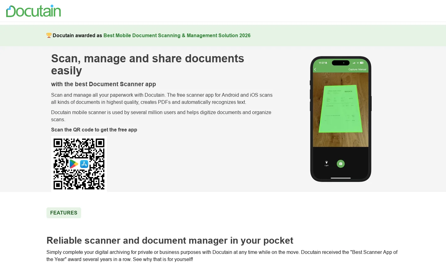 Scan to PDF: Scan documents with the Docutain Scanner app Homepage screenshot