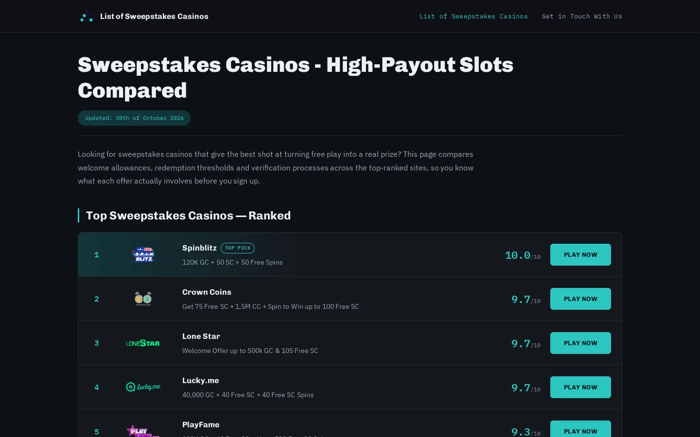Sweepstakes Casinos - High-Payout Slots Compared Homepage screenshot