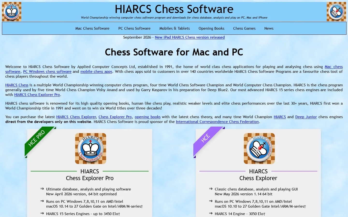 HIARCS Chess Software for Mac and PC Homepage screenshot