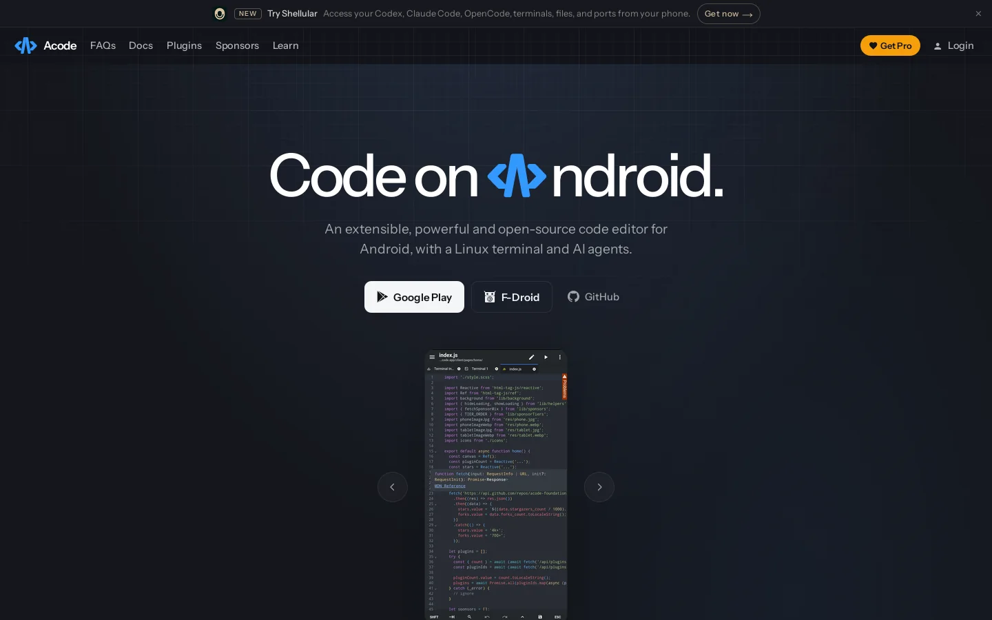 Acode Homepage screenshot