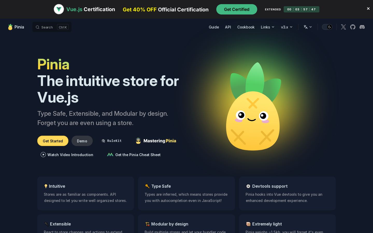 Pinia Homepage screenshot