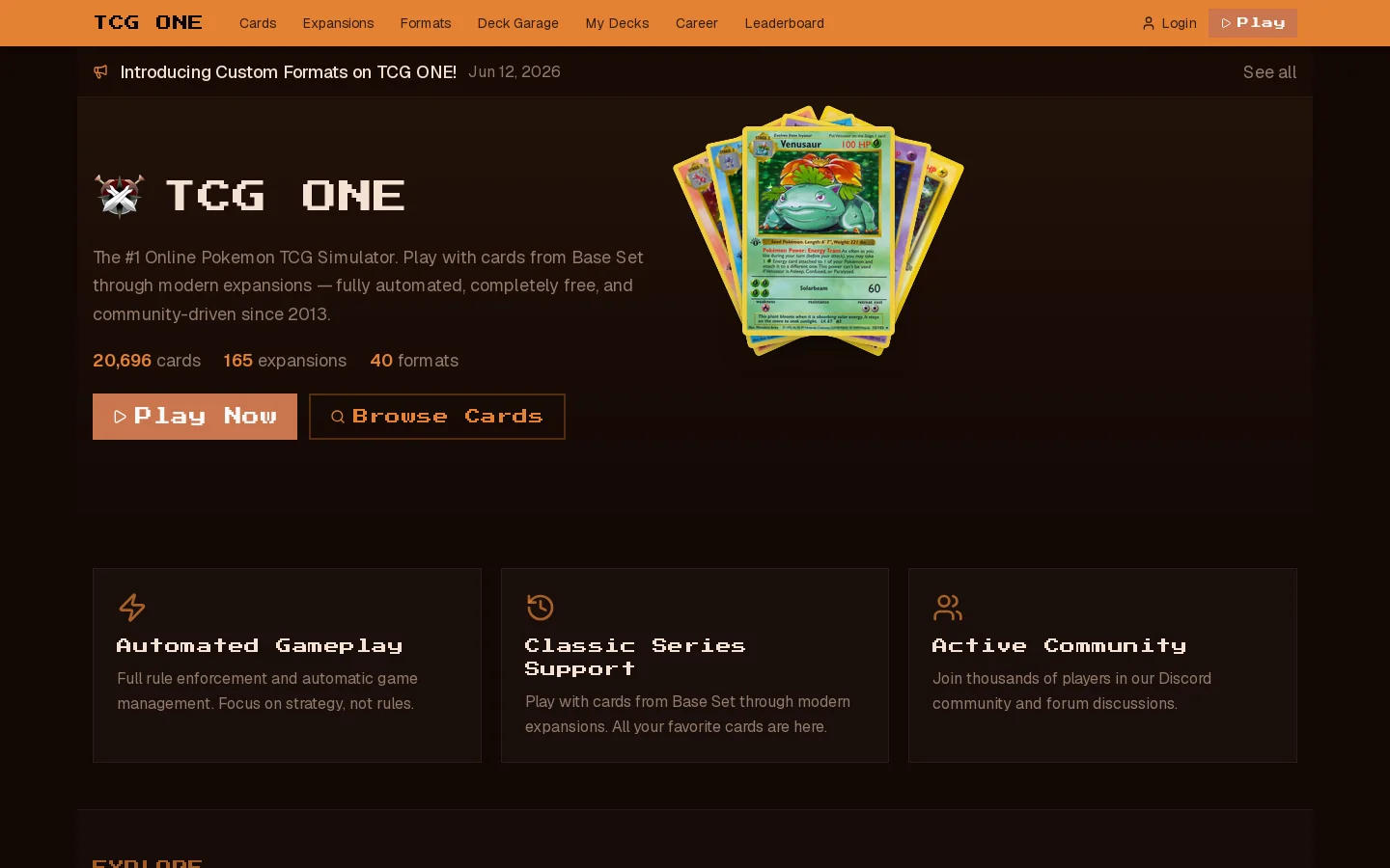 TCG ONE Homepage screenshot