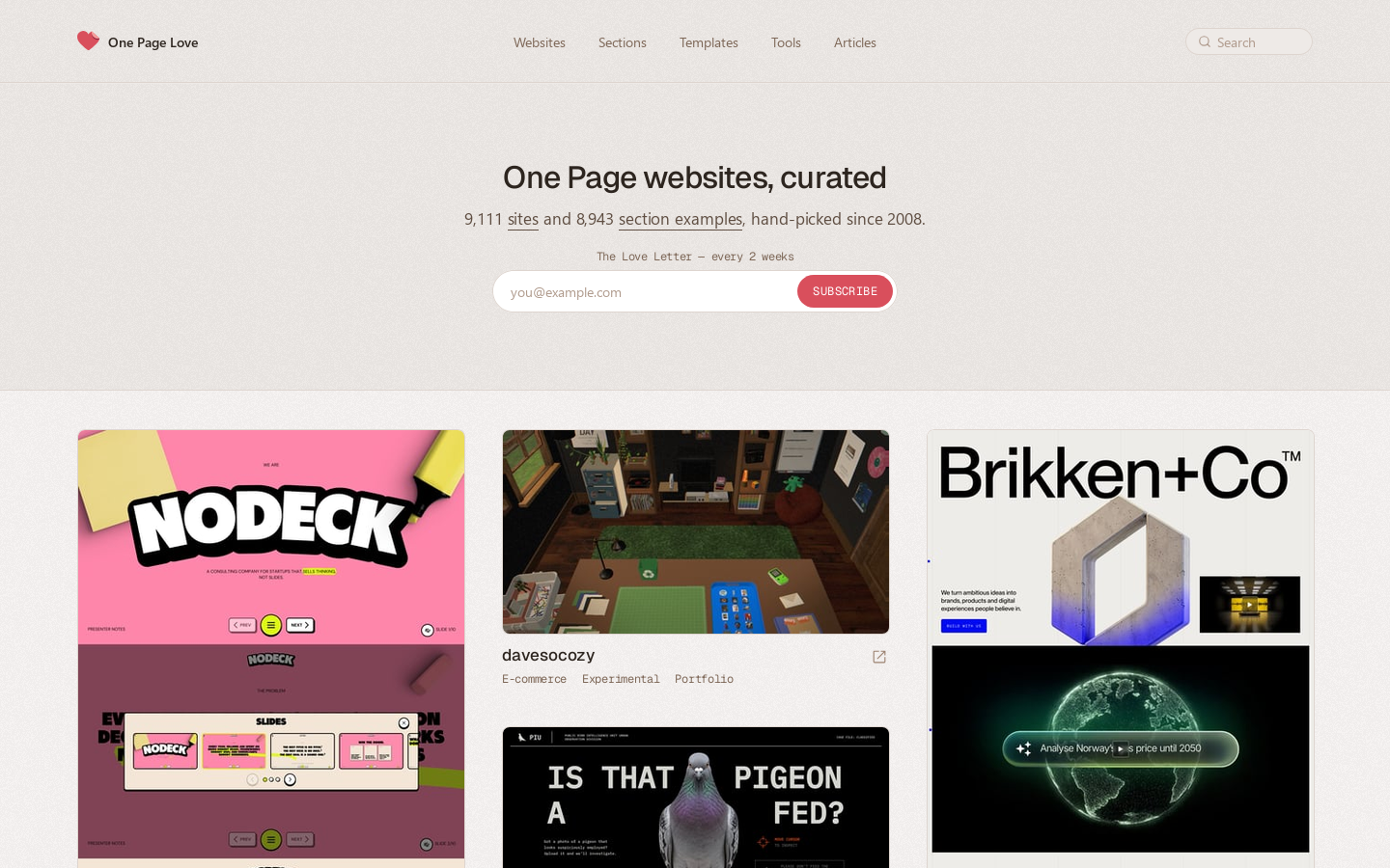 One Page Love Homepage screenshot