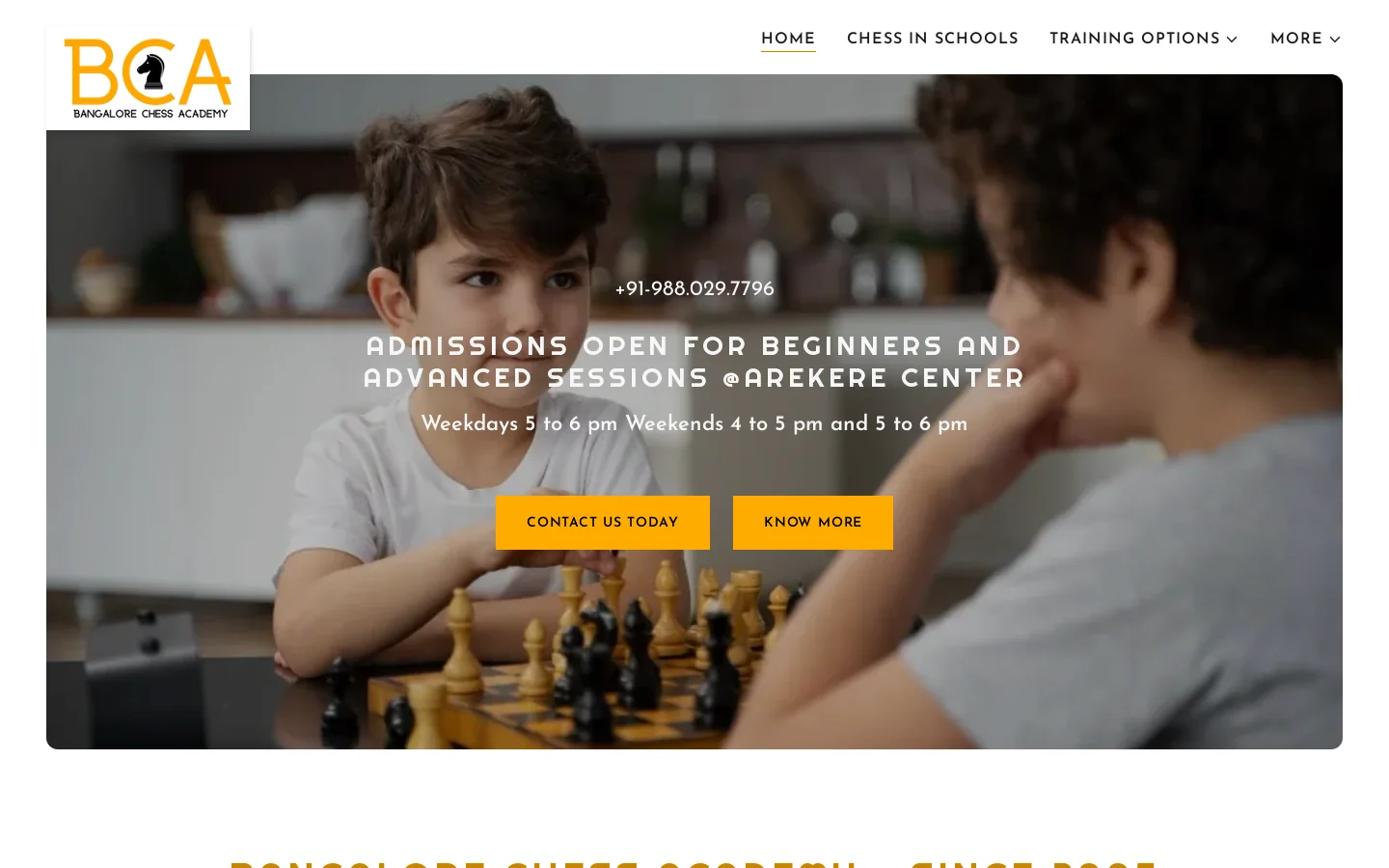 Bangalore Chess Academy Homepage screenshot