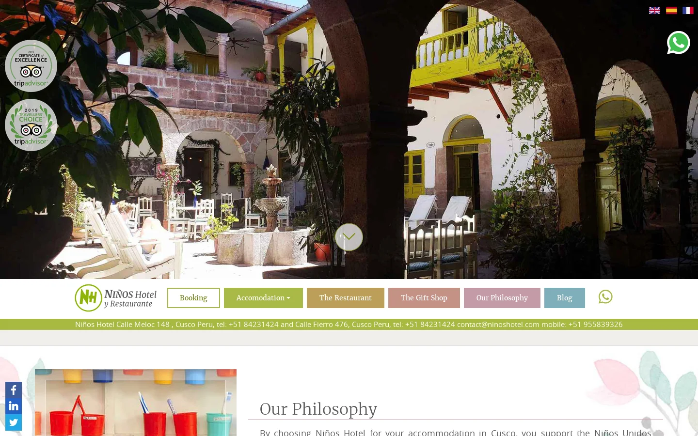 Niños Hotel and Restaurant - Supporting Niños Unidos Peruanos Foundation Homepage screenshot
