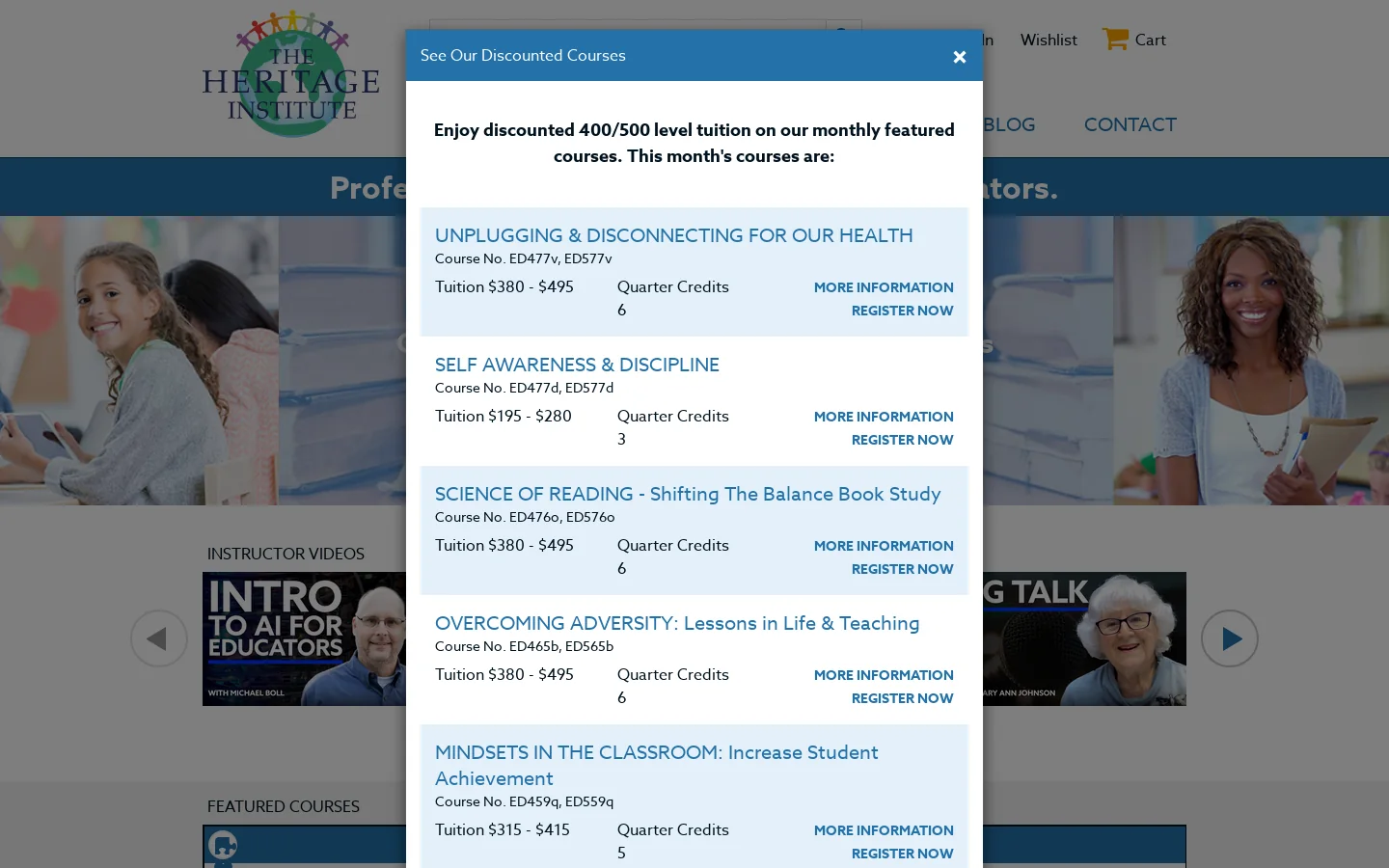 The Heritage Institute, Professional Development Courses For Teachers Homepage screenshot