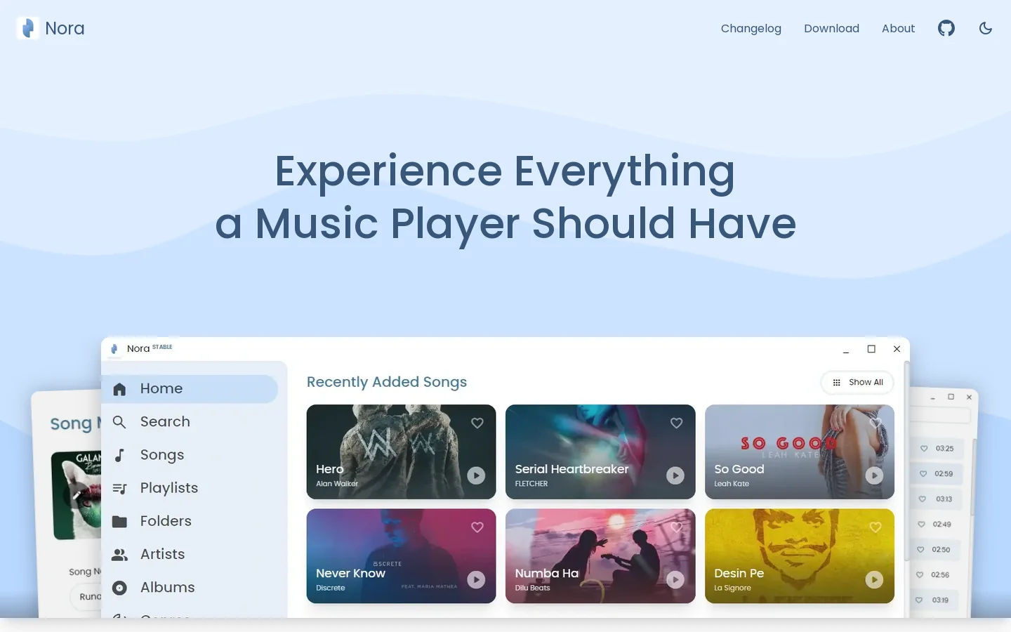 Nora - An elegant music player built using Electron and React. Homepage screenshot