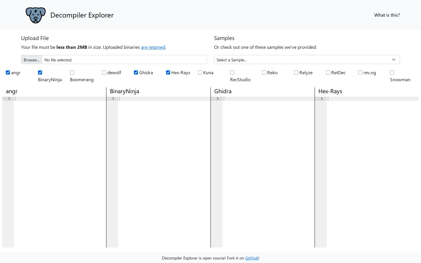Decompiler Explorer Homepage screenshot