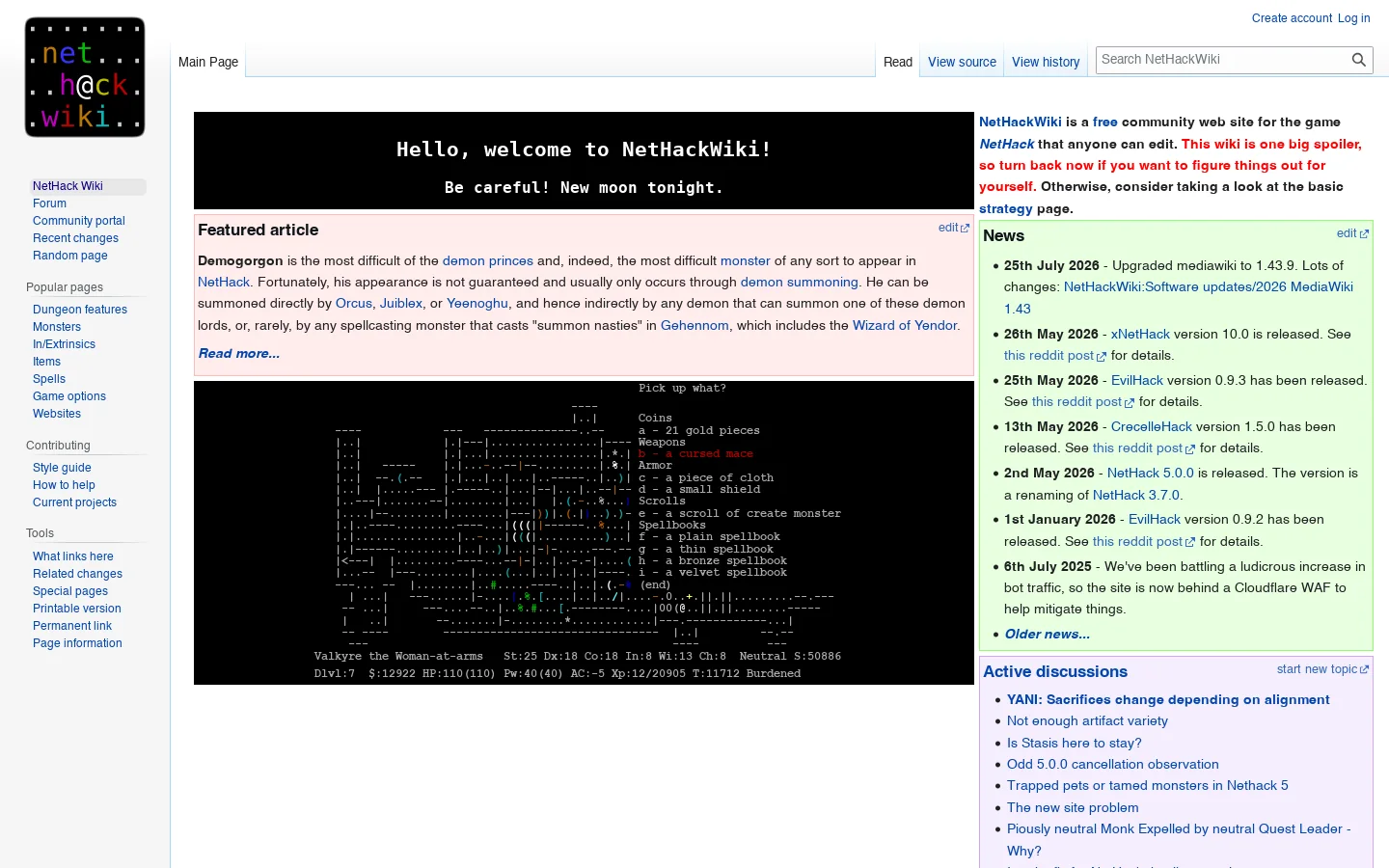 NetHackWiki, the NetHack wiki Homepage screenshot