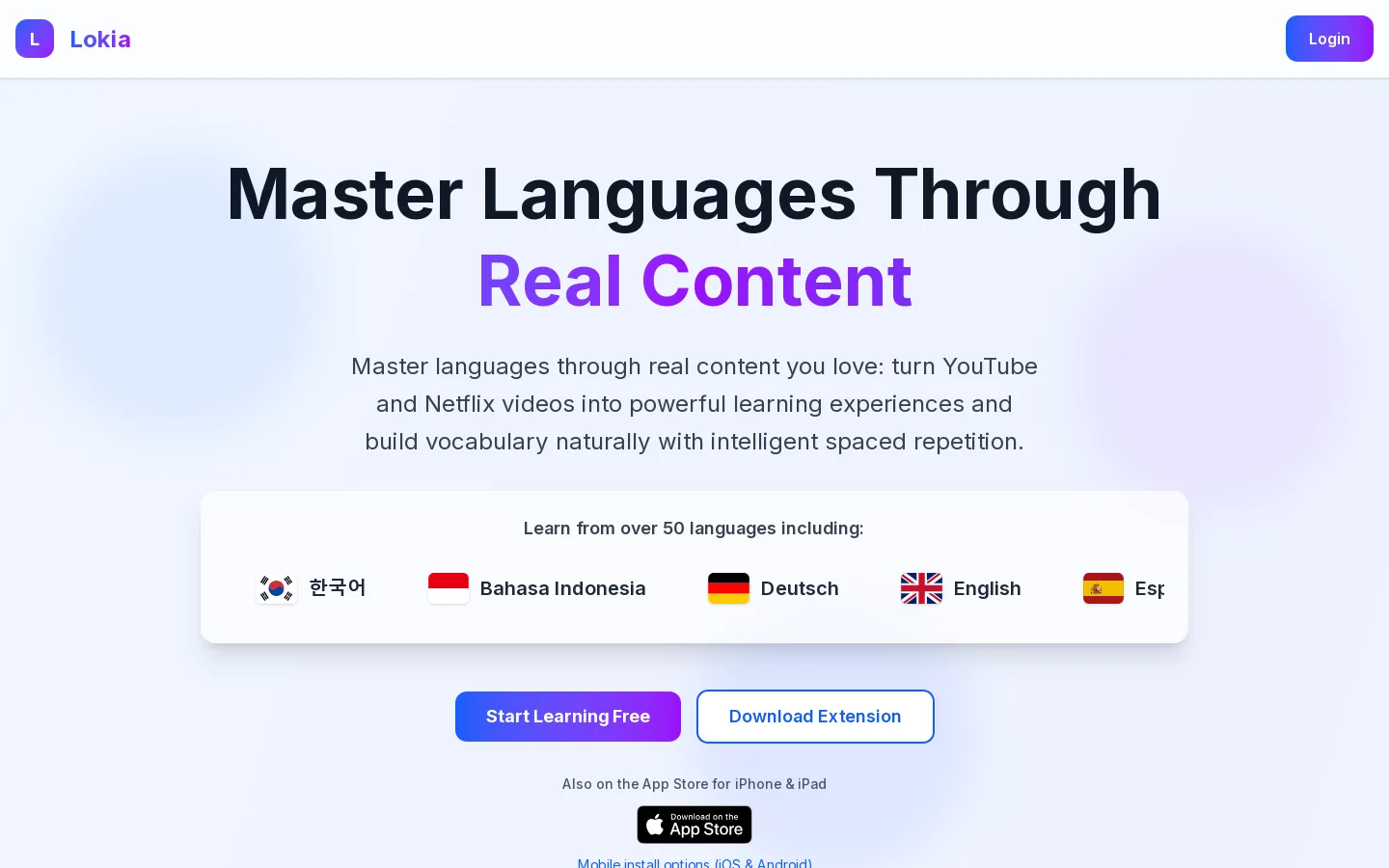 Lokia - Master Languages Through Real Content Homepage screenshot