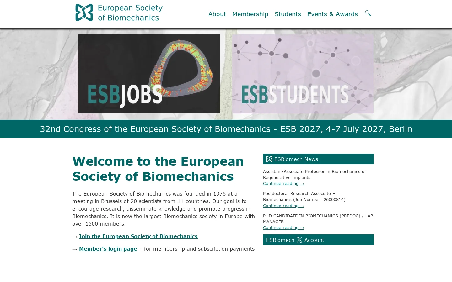 ESB | To encourage research, disseminate knowledge and promote progress in Biomechanics. Homepage screenshot