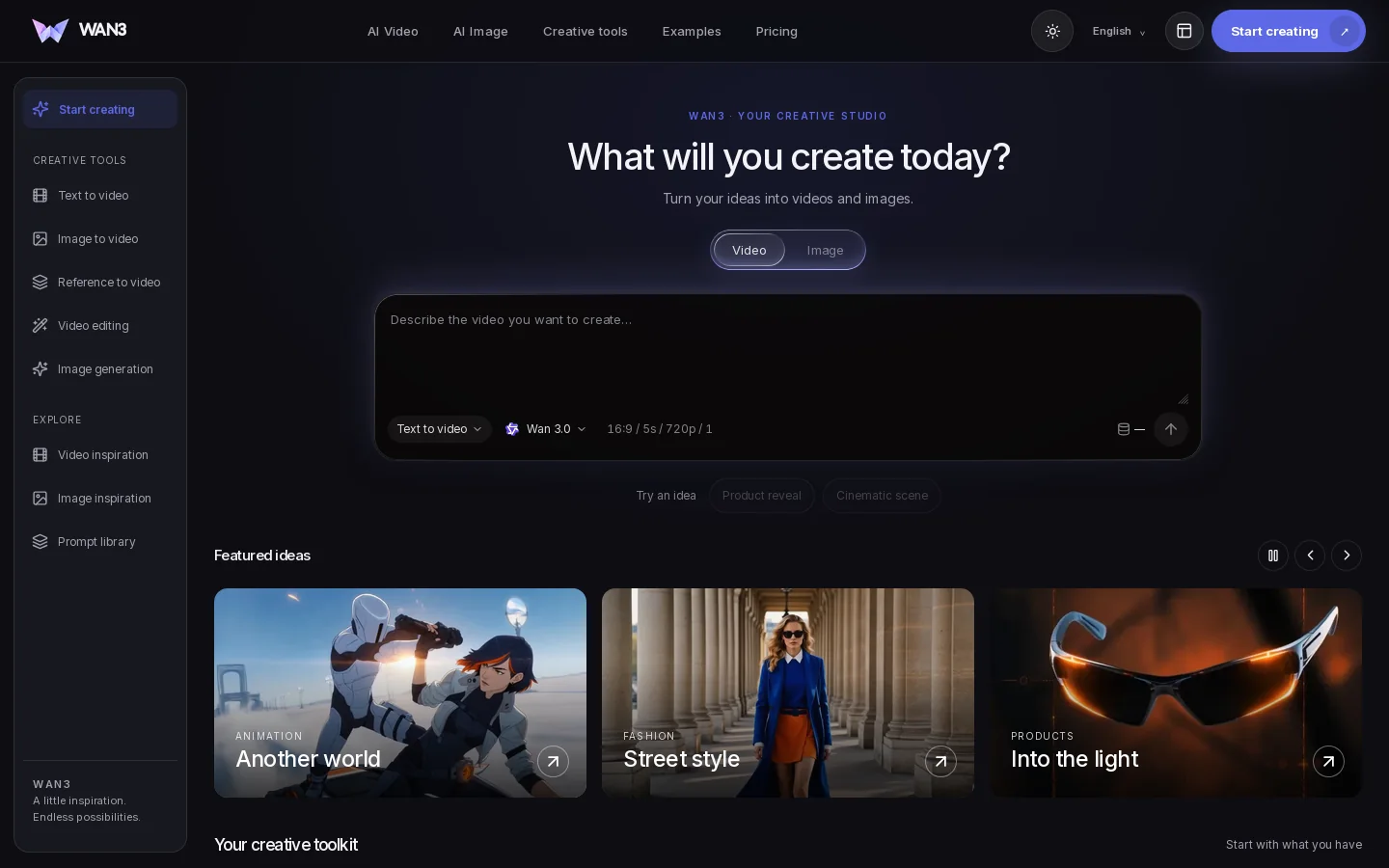 WAN3 AI Video Generator Homepage screenshot